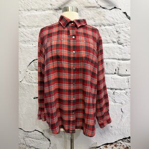Woolrich Red Grey Checkered Flannel Chore Jacket Shacket Shirt Metal Snaps